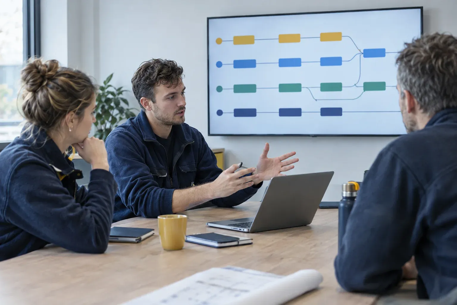 Drie collega's aan een vergadertafel bespreken een proces op het grote scherm.